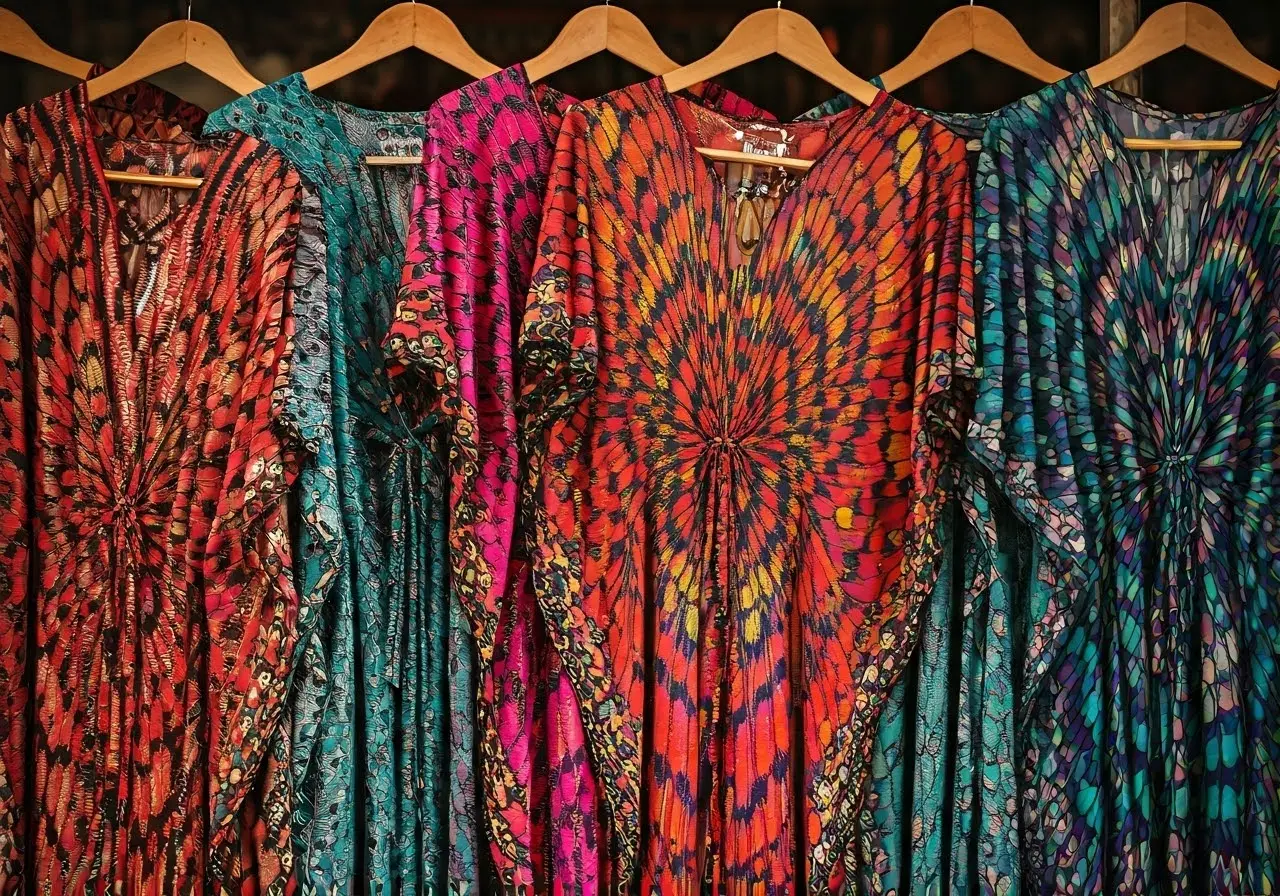 A colorful display of various kaftan butterfly dresses on hangers. 35mm stock photo