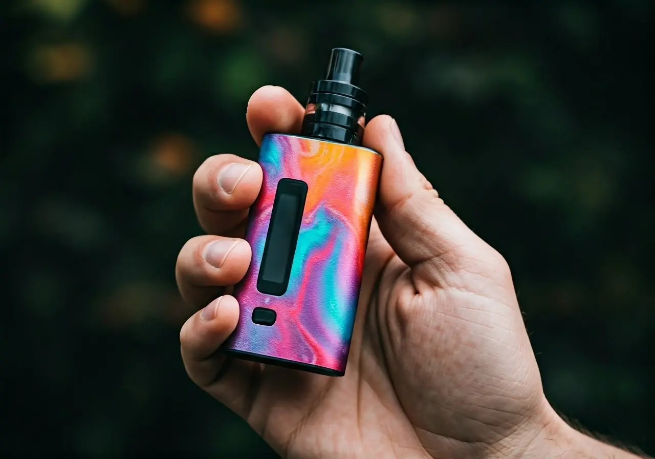 A hand holding a colorful disposable vape. 35mm stock photo