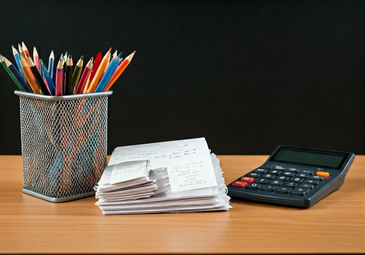 A tidy desktop with organized receipts and a calculator. 35mm stock photo