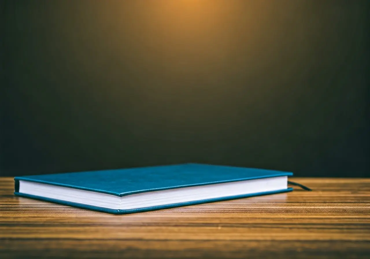 Closed student handbook on a wooden desk. 35mm stock photo