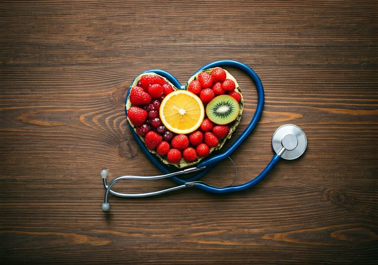 A stethoscope laid over a heart-shaped fruit arrangement. 35mm stock photo