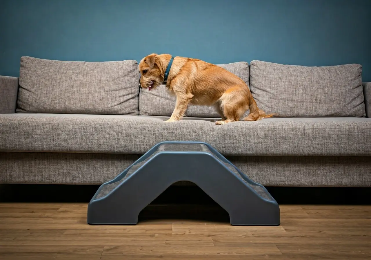 A dog using pet steps to climb onto a couch. 35mm stock photo