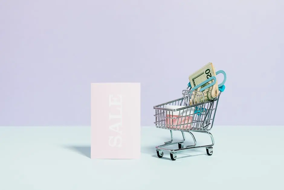 Sale Sign Beside A Miniature Shopping Cart