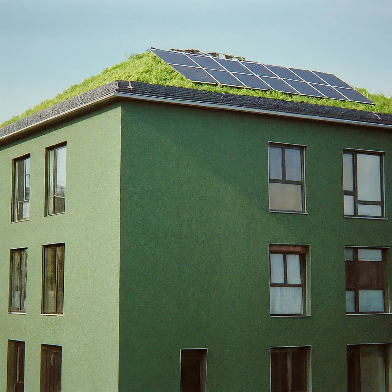 Modern building with green rooftop and solar panels. 35mm stock photo