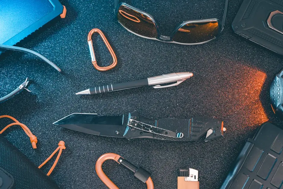 Flat lay of some Outdoor/EDC gear on a dark background.