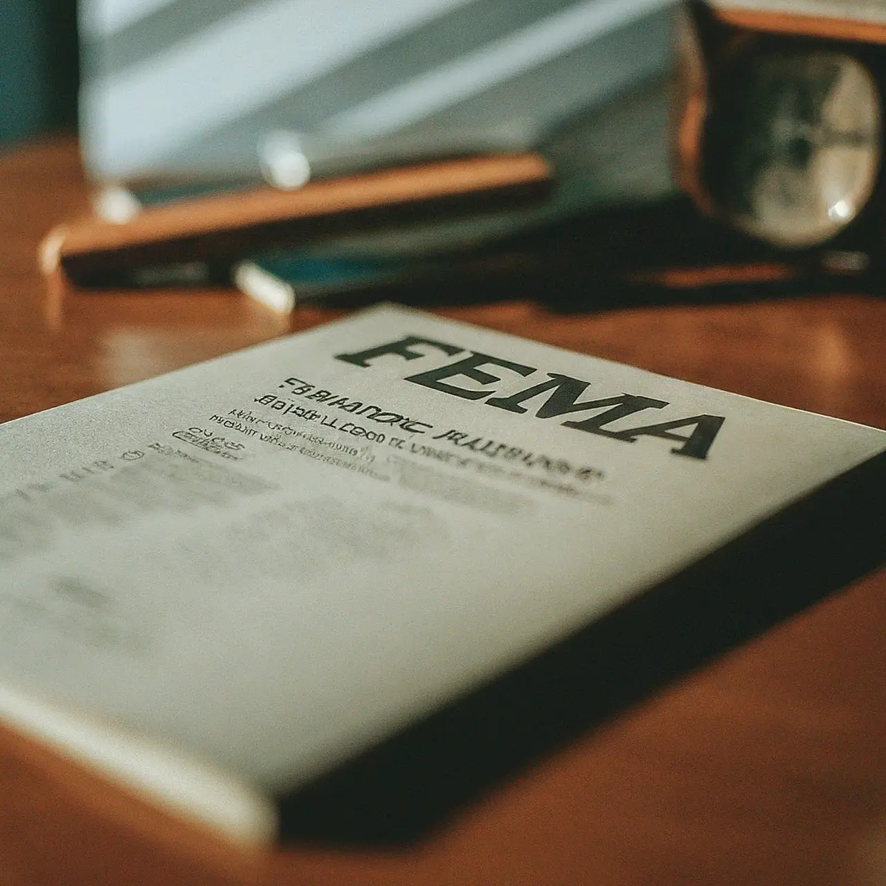 A close-up of a FEMA training manual on a desk. 35mm stock photo