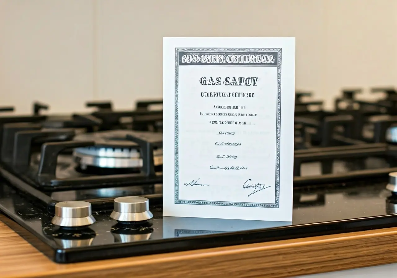 A gas safety certificate next to a gas stove. 35mm stock photo