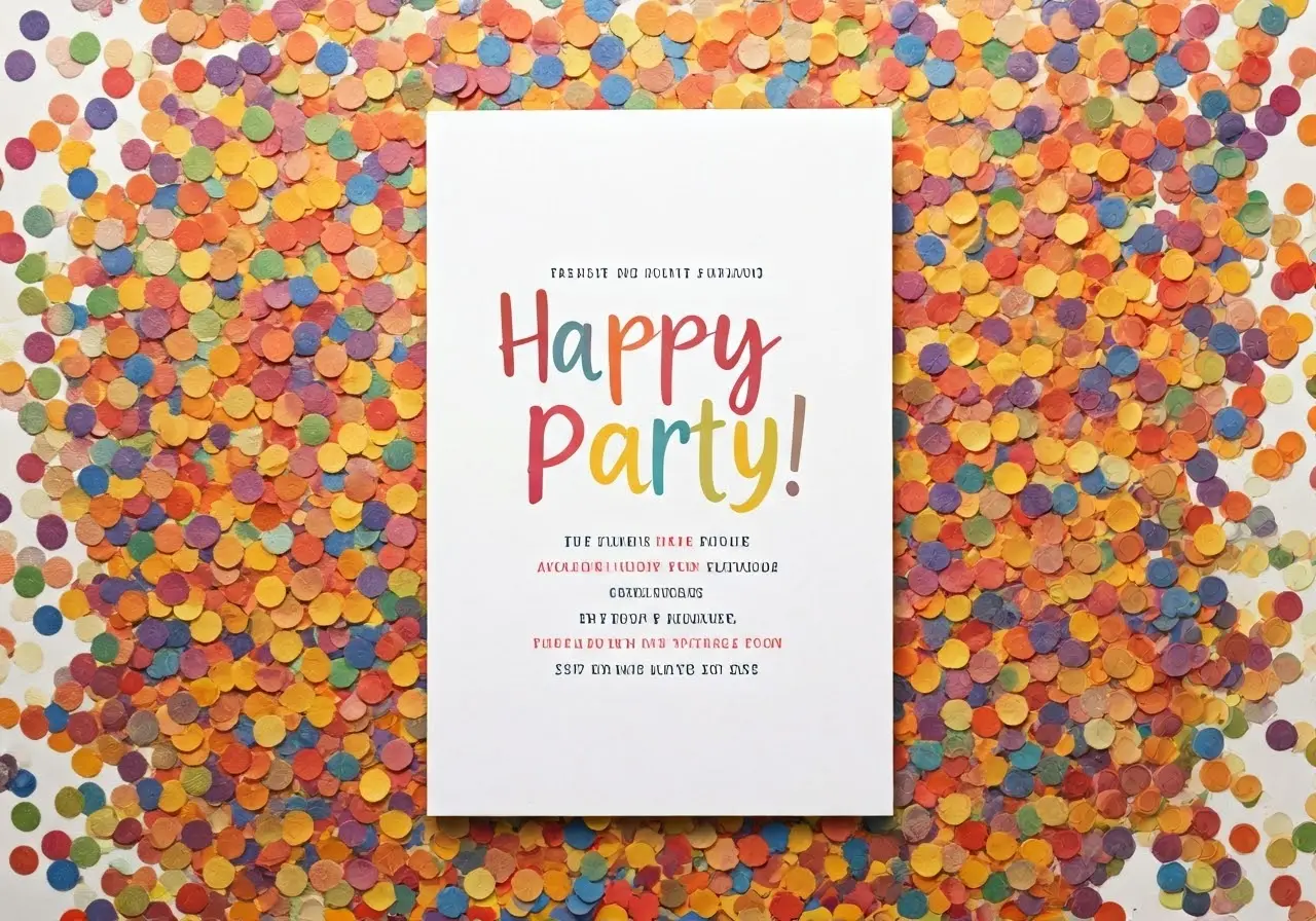 A colorful party invitation surrounded by vibrant confetti. 35mm stock photo