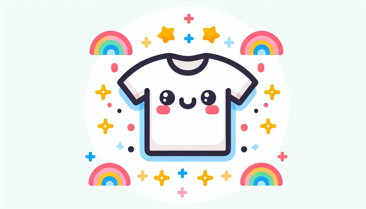 Draw a graphic in flat design style. A cute, colorful flat design illustration of a kawaii shirt with a smiling face and blushing cheeks, surrounded by small rainbow and star icons, against a simple background.