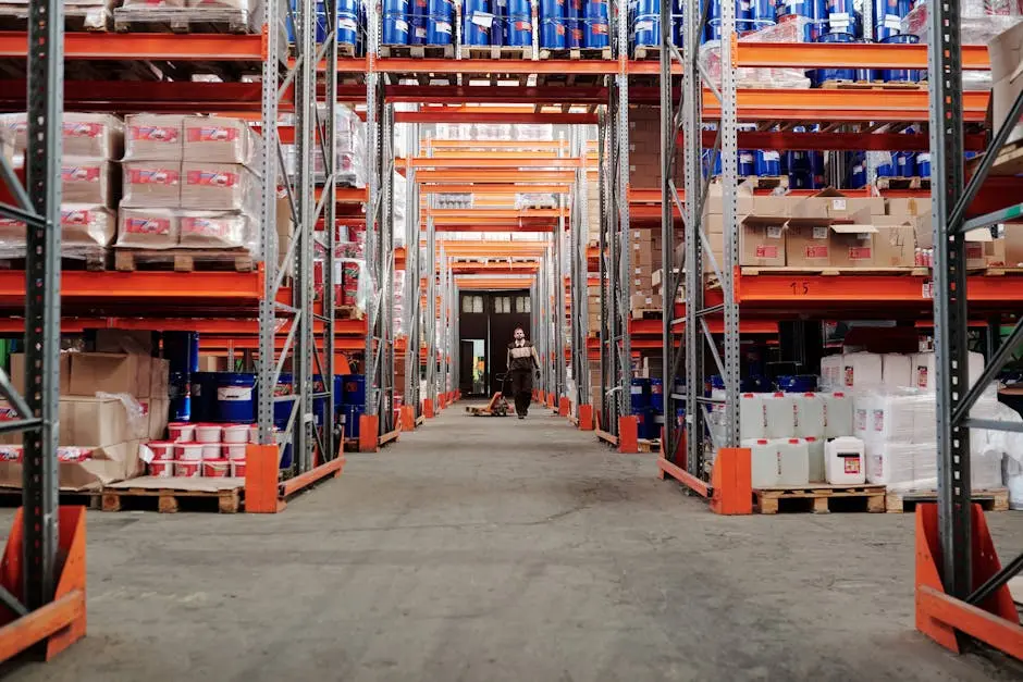 Warehouse with Stock on Metal Shelves