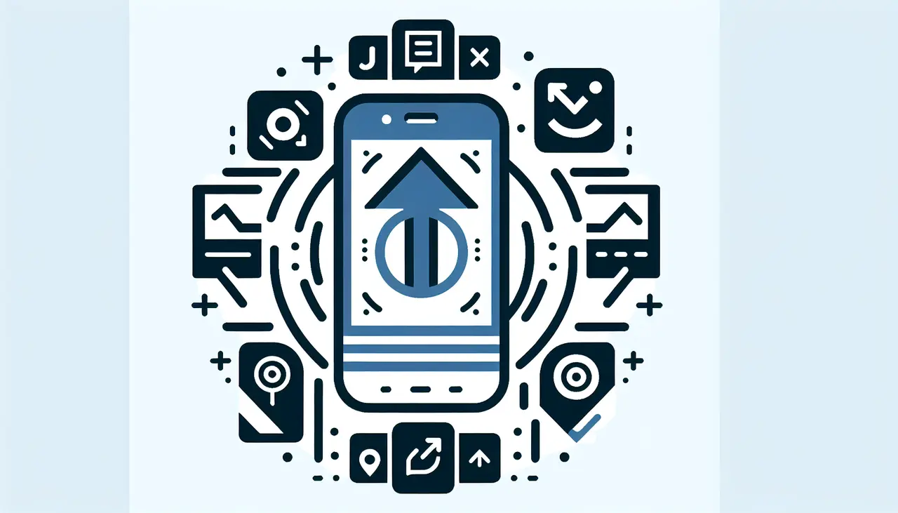 Draw a graphic in flat design style. A mobile phone with a rising arrow on the screen surrounded by minimalistic app icons.