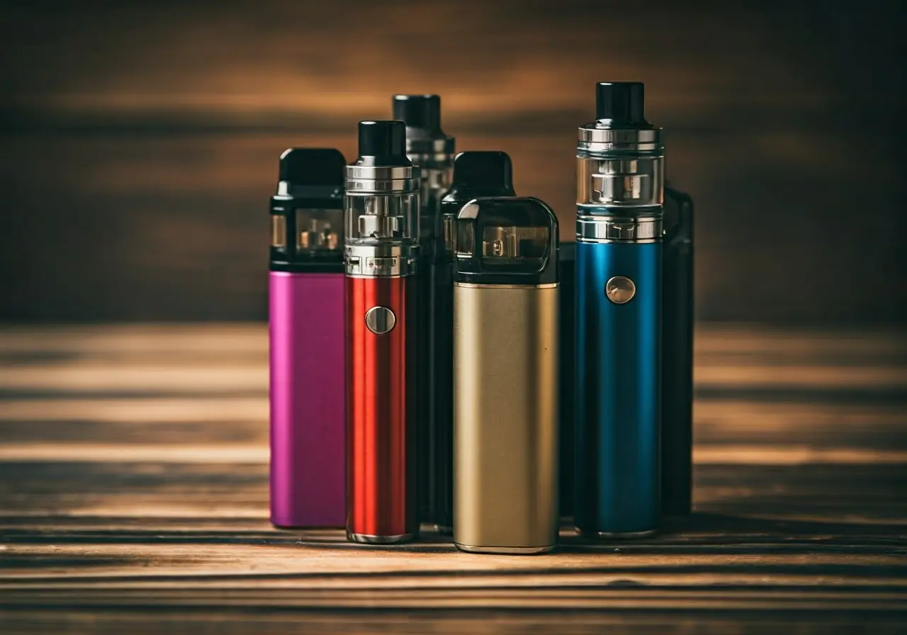 A variety of colorful THC vape pens on a wooden table. 35mm stock photo