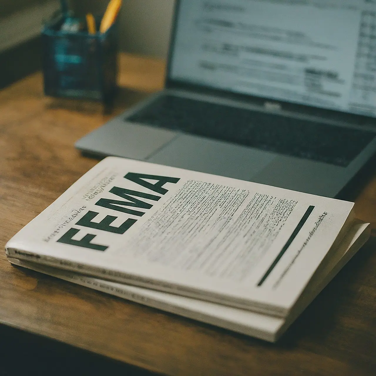 A workstation with FEMA study guides and a laptop. 35mm stock photo