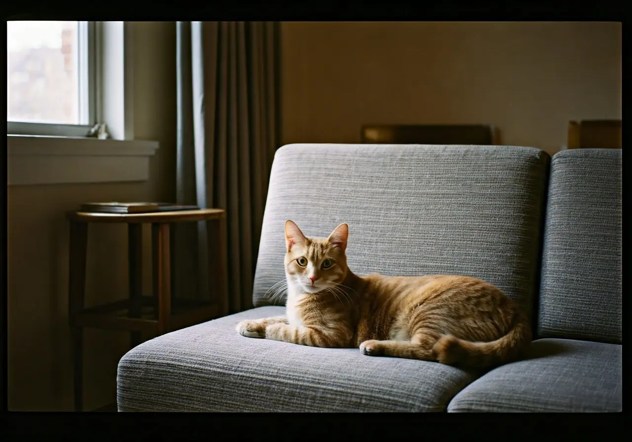 A cozy living room with a content cat on a couch. 35mm stock photo