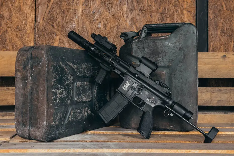 A military-style rifle rests against metal canisters on a wooden pallet background.