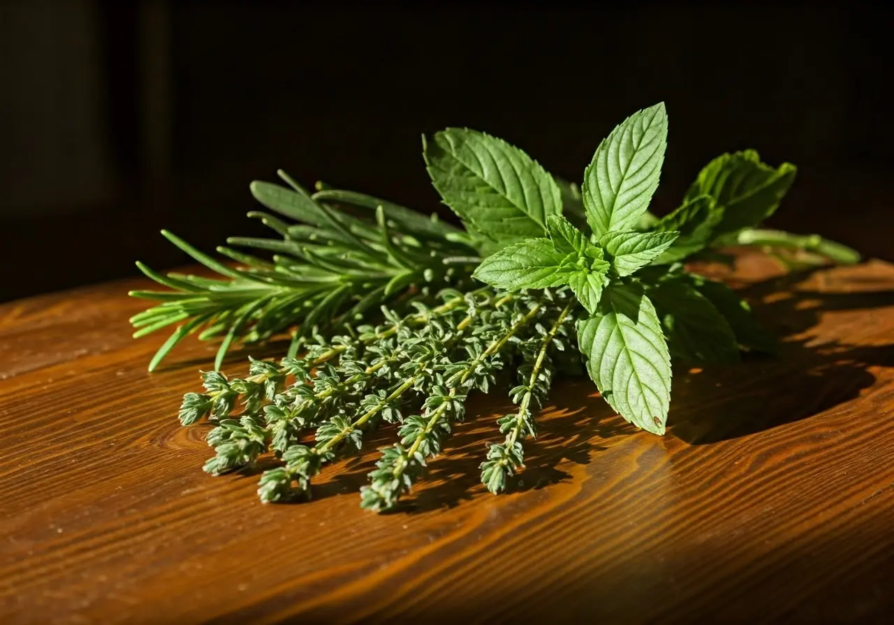 Golden-hued herbs arranged on a wooden table in sunlight. 35mm stock photo