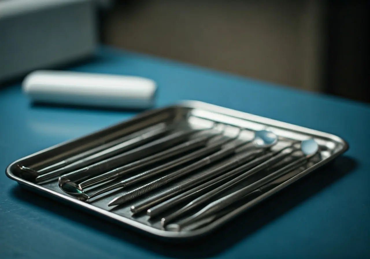 A bright, shiny set of dentist tools on a tray. 35mm stock photo