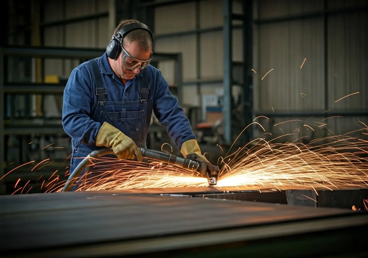 Industrial worker using vacuum tool to cut metal indoors. 35mm stock photo