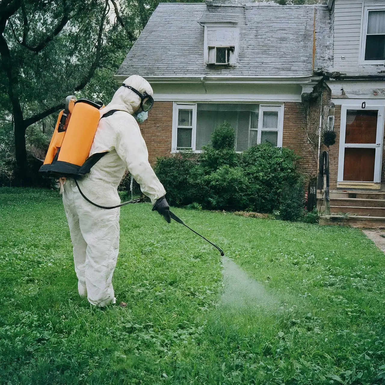 A technician spraying pest control chemicals outside a suburban house. 35mm stock photo