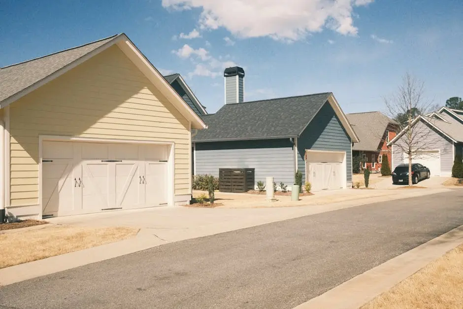 A serene suburban street in Athens, GA showcasing modern garages under a clear sky.