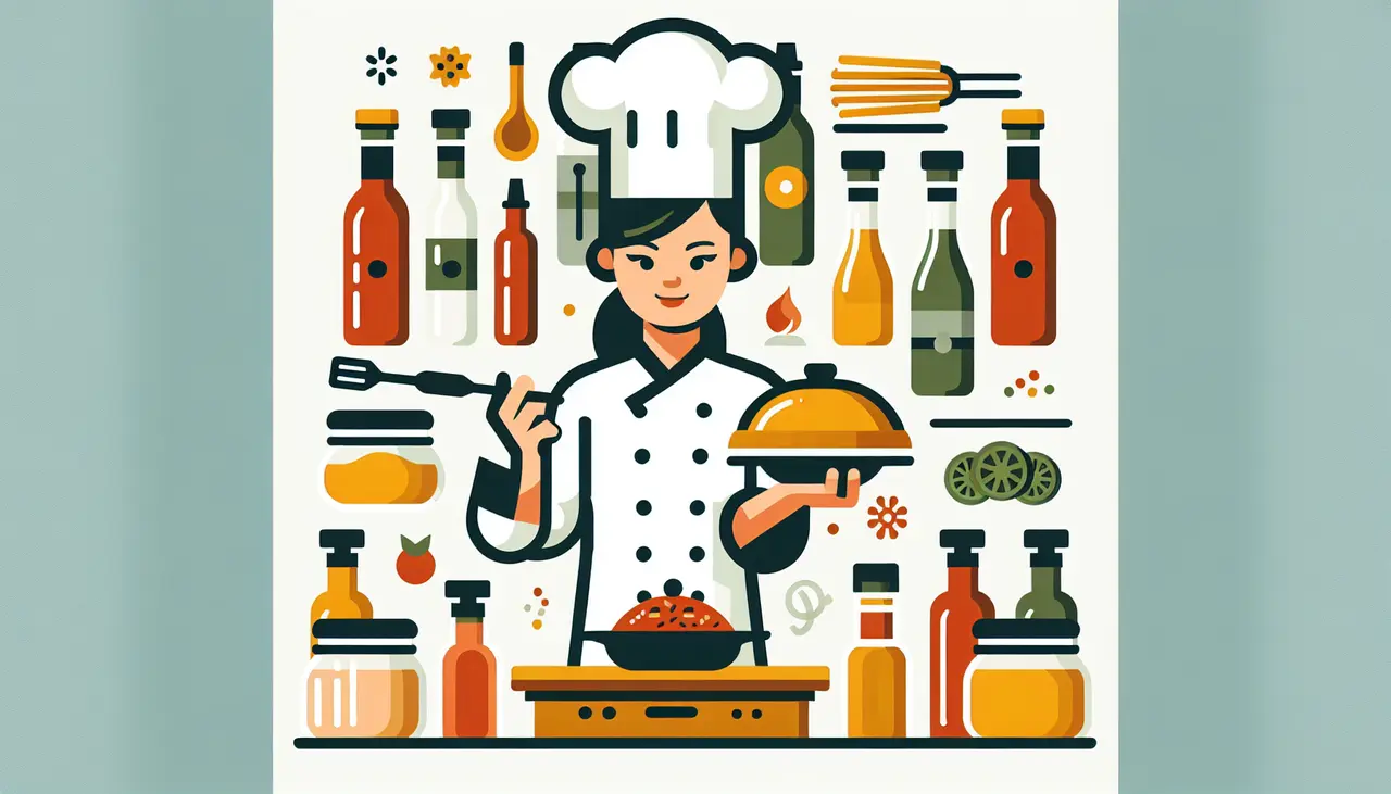 Draw a graphic in flat design style. A simple illustration of a chef holding a dish with various condiments like bottles and jars around, in Flat Design Style.