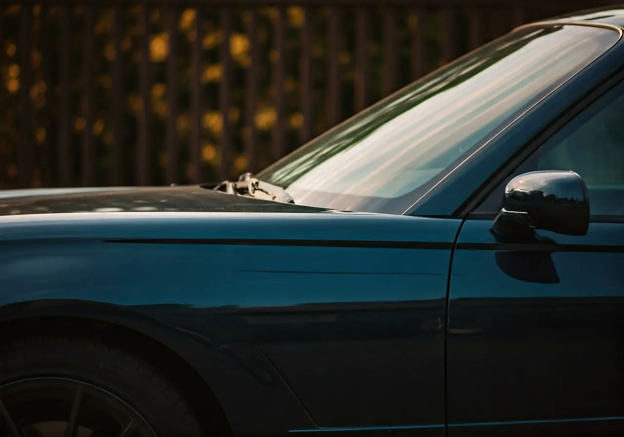 A close-up of a sleek, shiny car exterior. 35mm stock photo