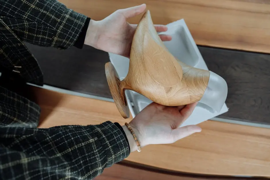 Hands holding a unique wooden sculpture, showcasing craftsmanship.