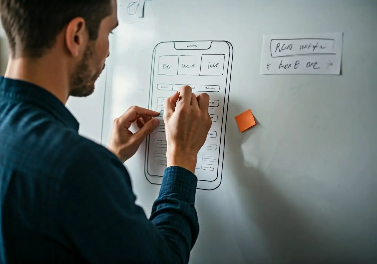 A designer sketching app interfaces on a whiteboard. 35mm stock photo