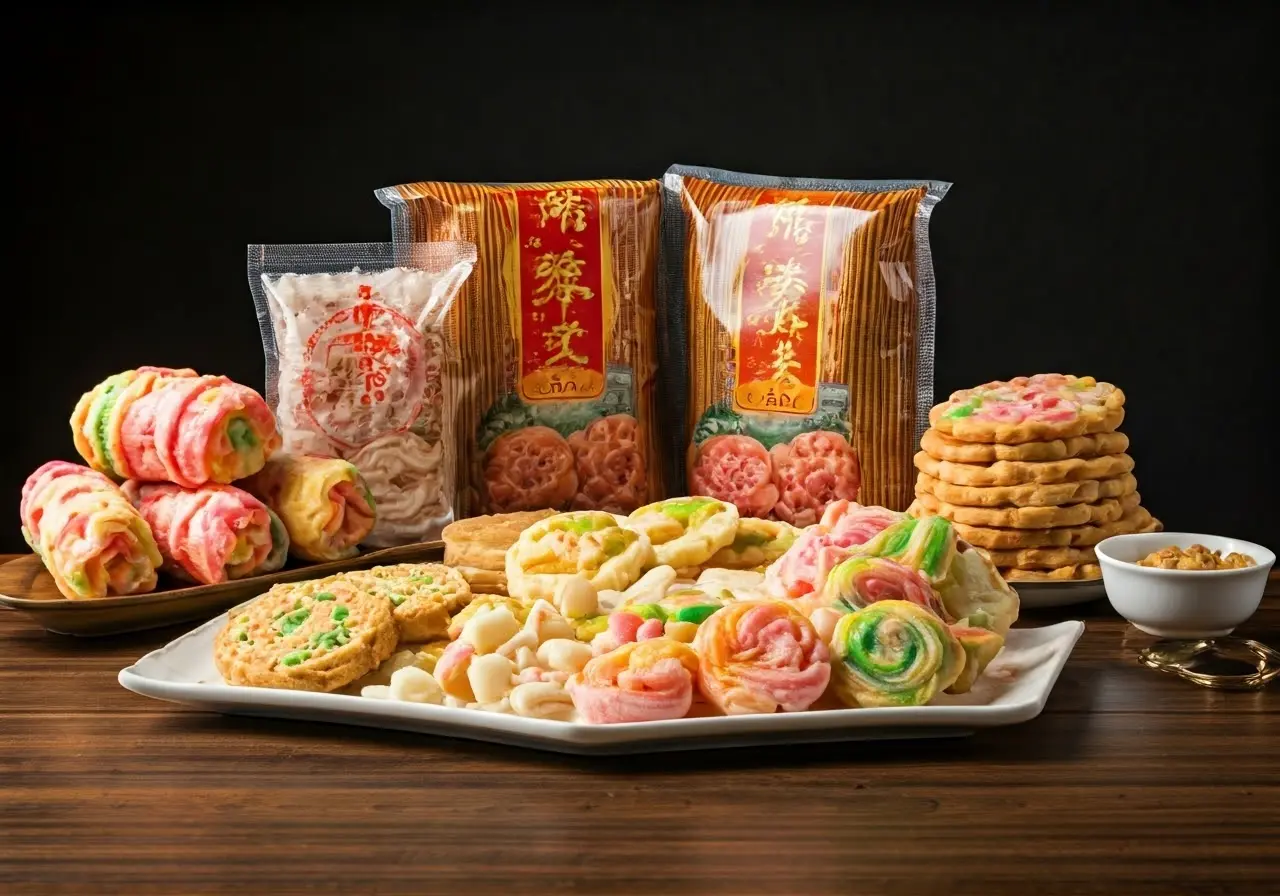 A variety of colorful Hong Kong snacks displayed on a table. 35mm stock photo