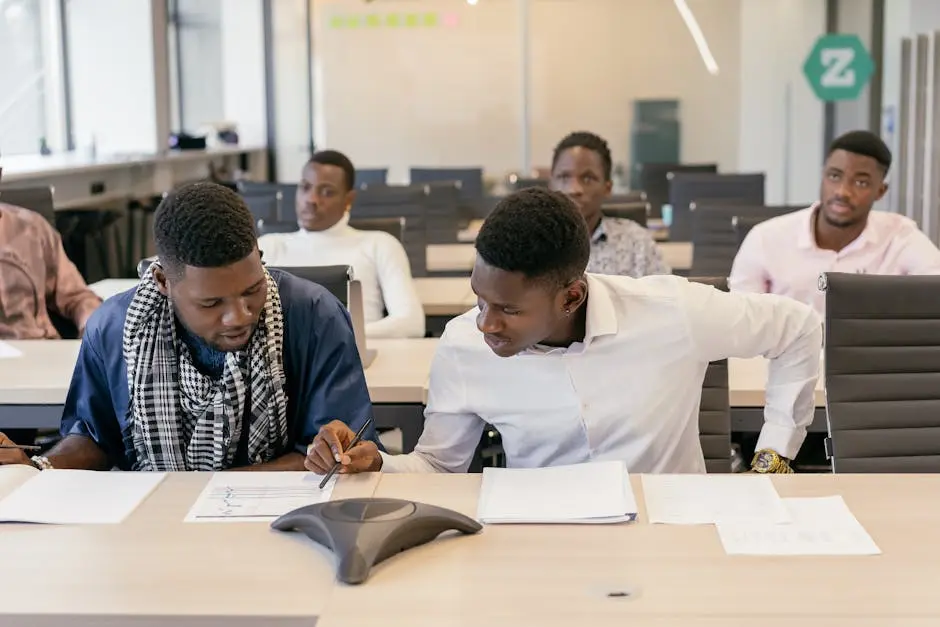 Diverse colleagues engaging in a team meeting, discussing ideas in a modern office setting.