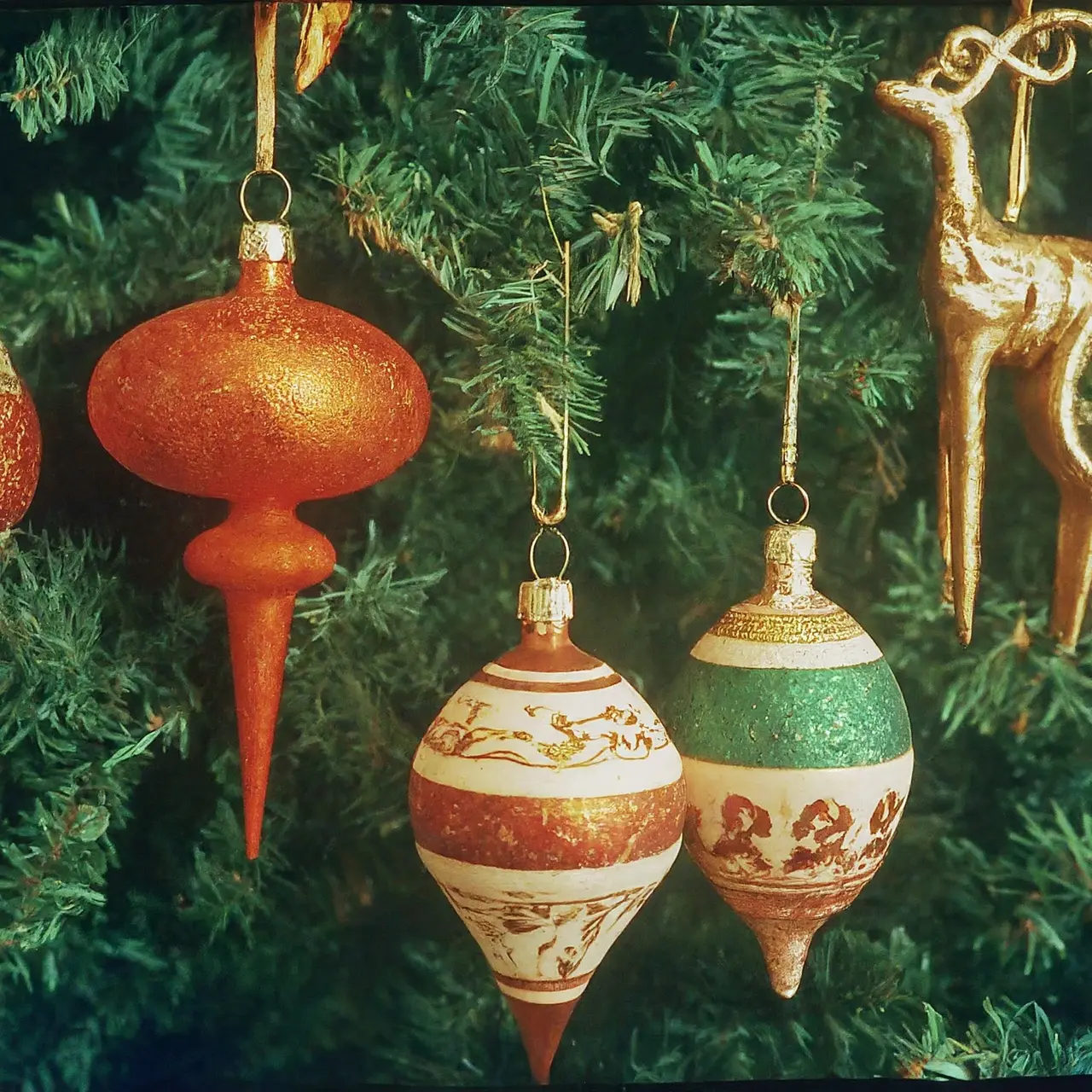 A collection of ornate Christmas ornaments displayed on a tree. 35mm stock photo