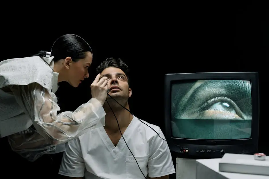 Technician performing eye exam using advanced medical technology with real-time monitoring.