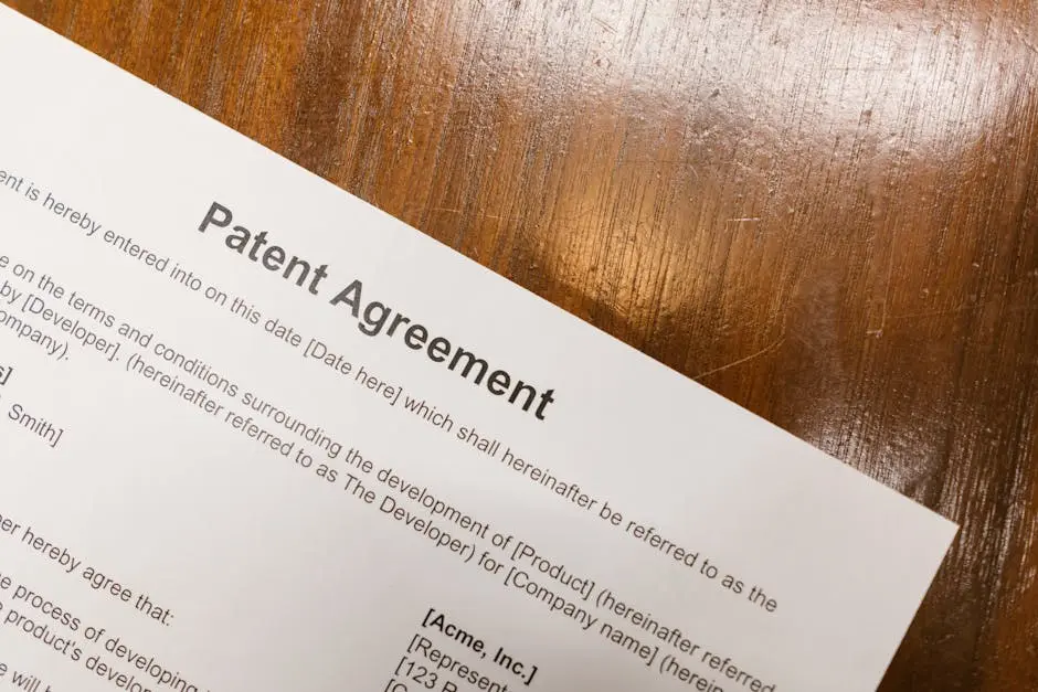 Detailed close-up of a patent agreement document on a polished wooden table.