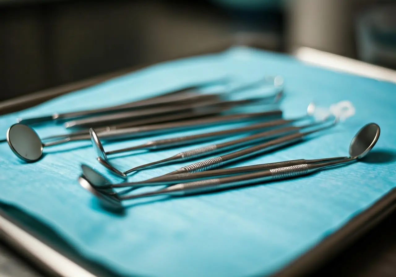 A close-up of dental instruments on a sterile tray. 35mm stock photo