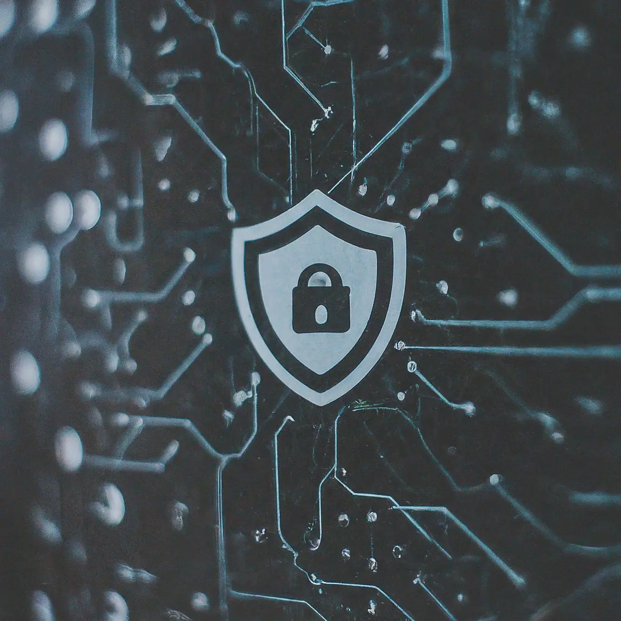 A locked shield icon on a digital network background. 35mm stock photo