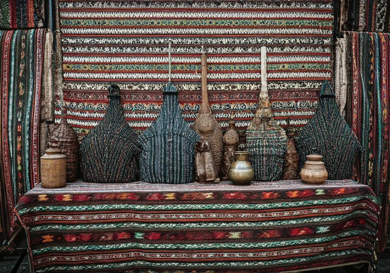 Colorful Palestinian merchandise displayed against a traditional woven backdrop. 35mm stock photo