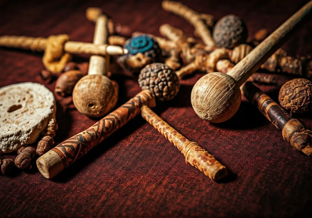 A close-up of various colorful hoodoo ritual supplies. 35mm stock photo