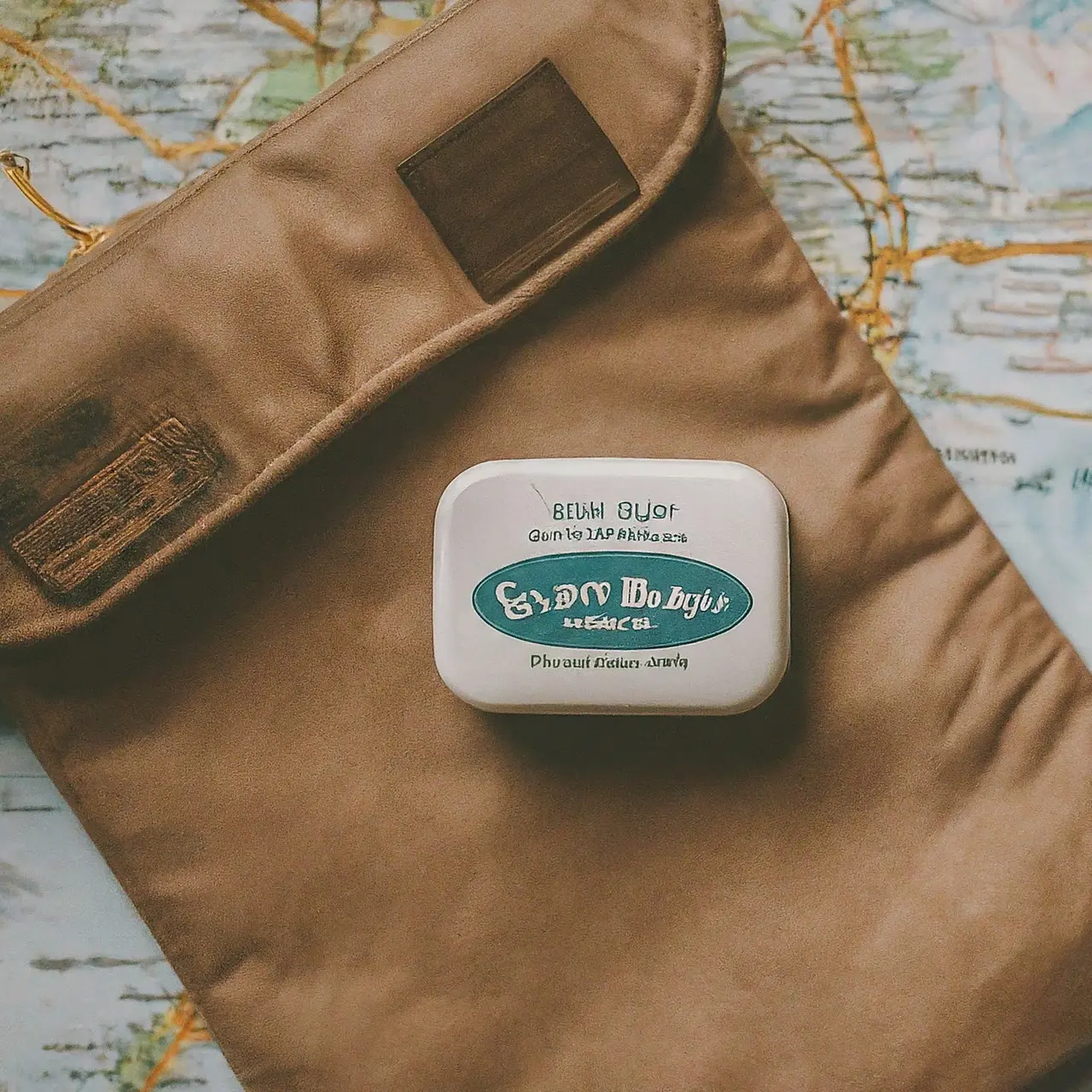 A travel medicine kit on a map of East Bay. 35mm stock photo