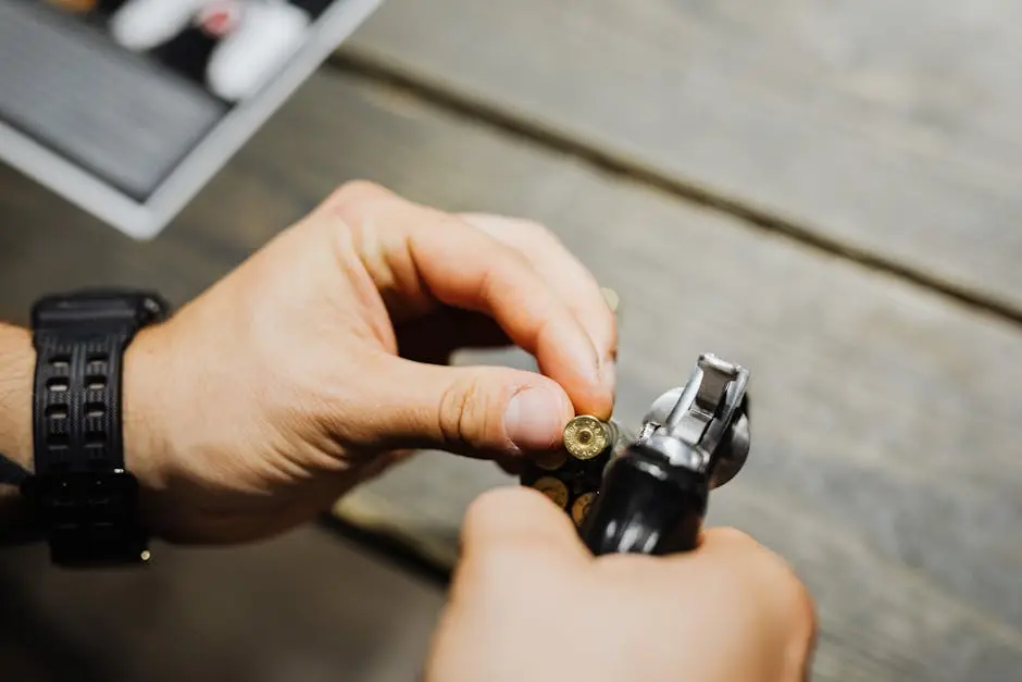 Close-up of hands loading bullets into a revolver on a wooden surface.