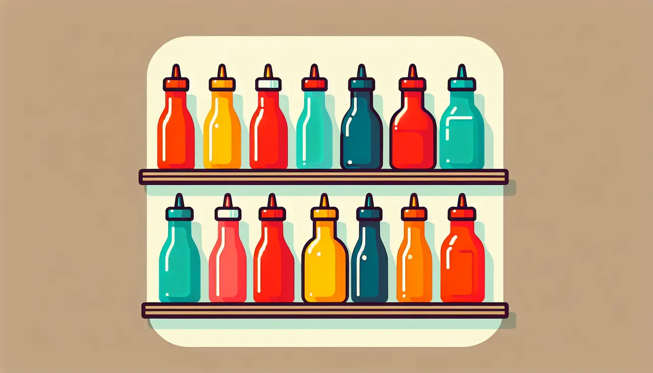 Draw a graphic in flat design style. A set of colorful sauce bottles neatly lined up on a shelf.