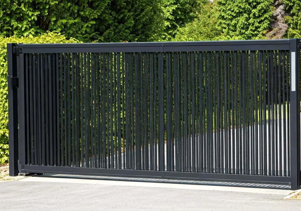 A sleek automated gate with modern security features in use. 35mm stock photo