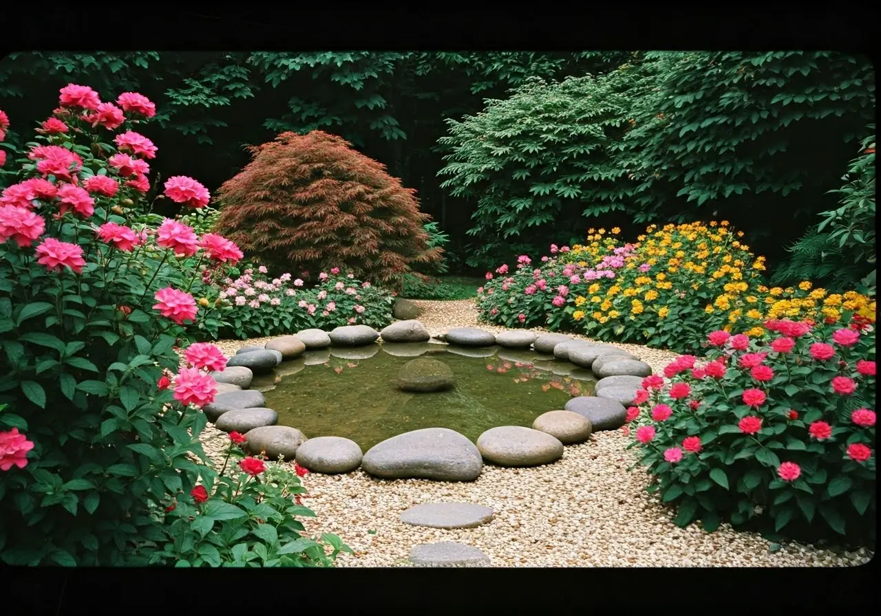 A peaceful garden with meditation stones and colorful flowers. 35mm stock photo