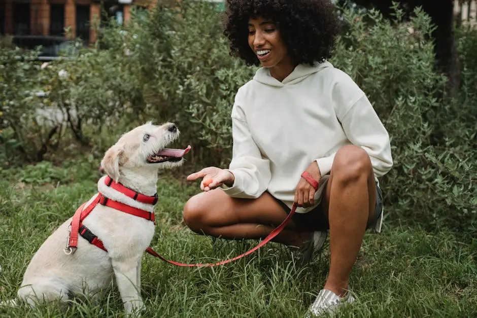 Cheerful crop African American female owner giving treat to Labrador Retriever while teaching commands in park