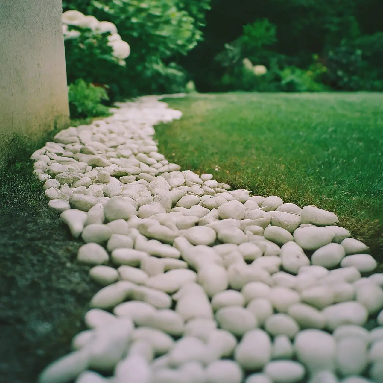 A garden path lined with snow white pebbles. 35mm stock photo