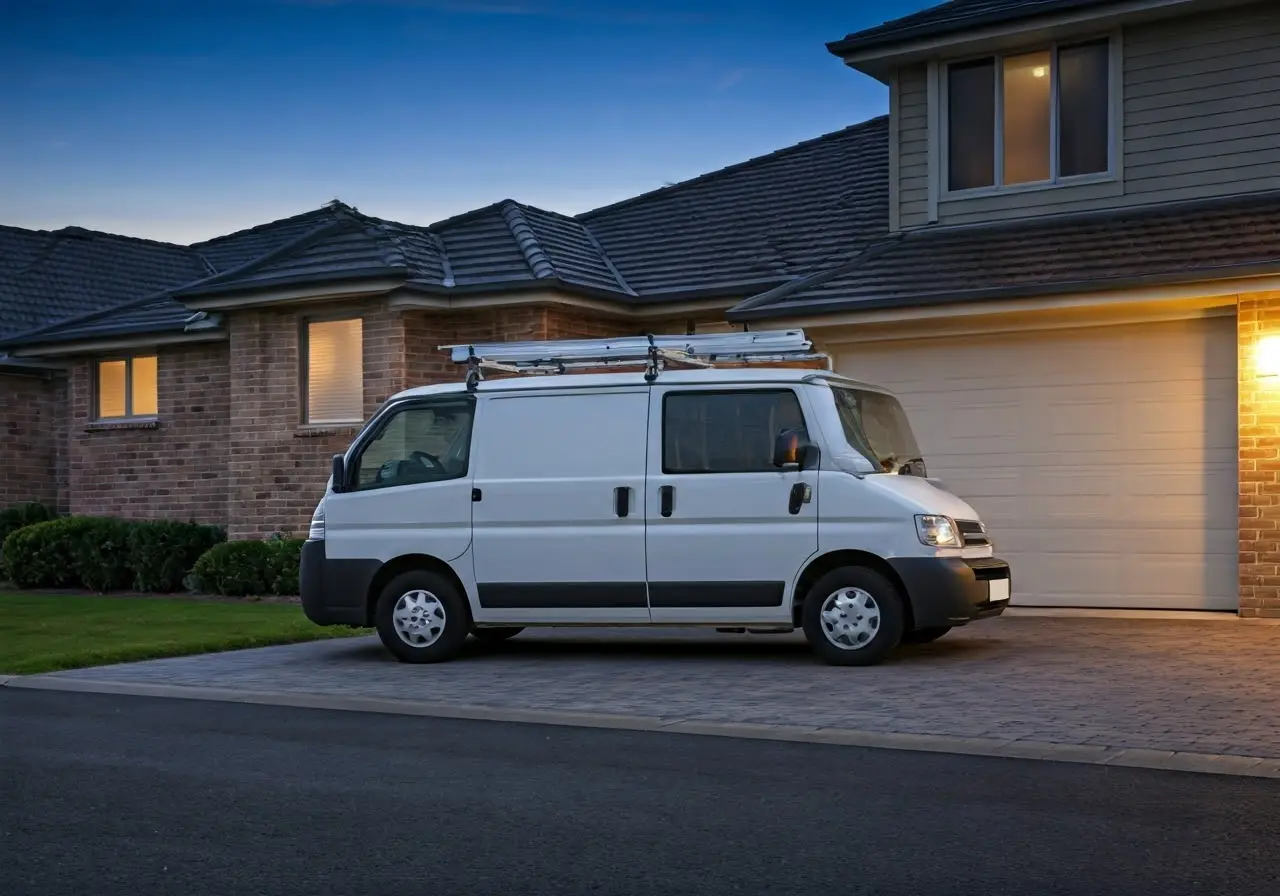 A plumber’s van parked outside a suburban house at dusk. 35mm stock photo