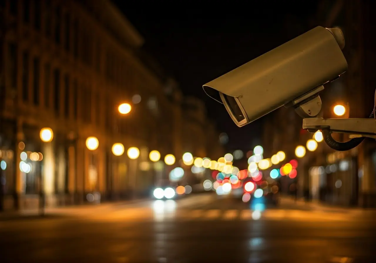 A surveillance camera overlooking a dimly lit city street. 35mm stock photo