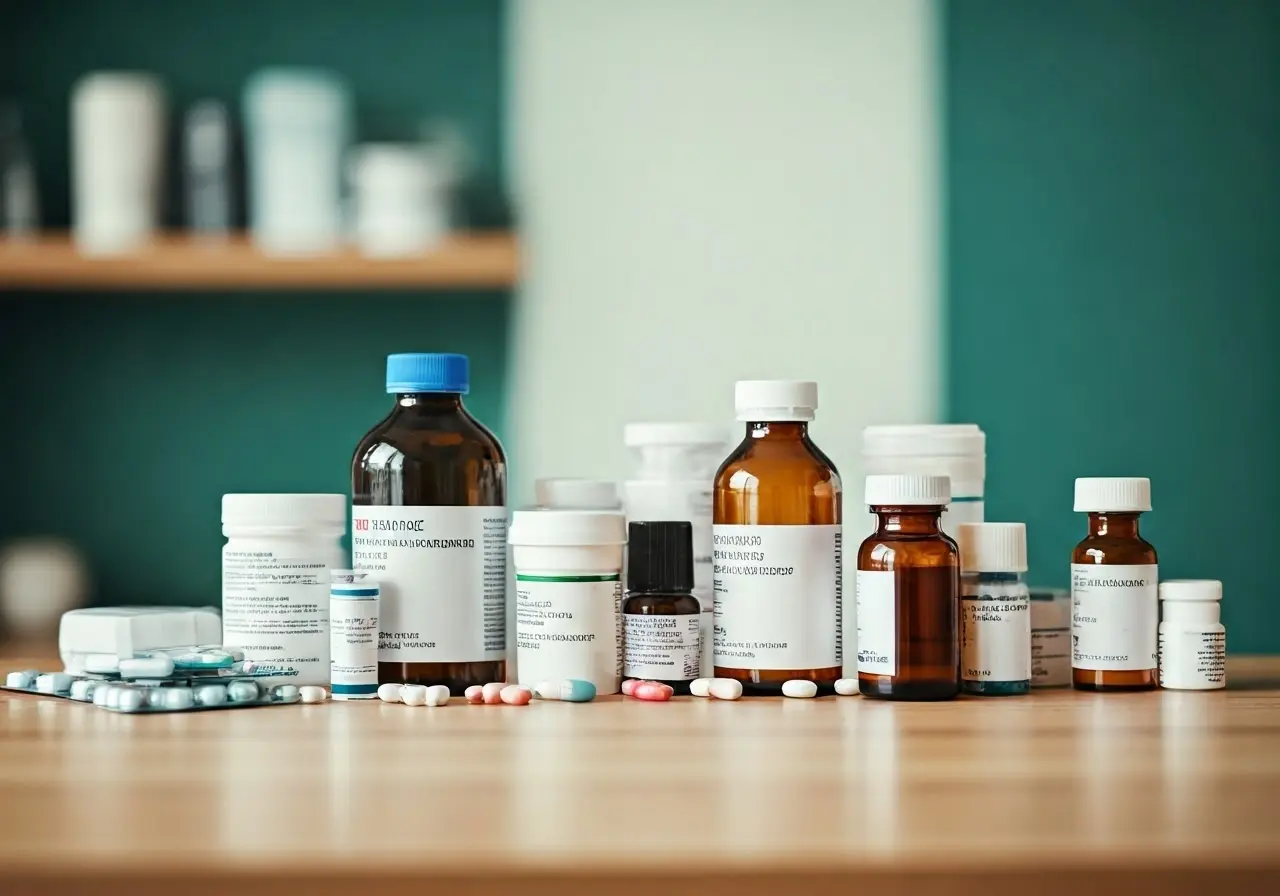 A table with various hospice medication bottles neatly arranged. 35mm stock photo