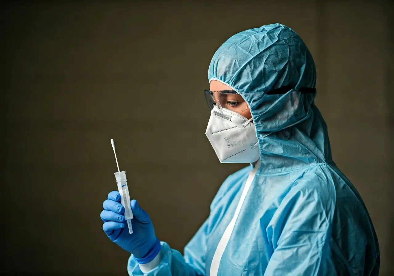 Medical worker holding a COVID-19 test swab. 35mm stock photo