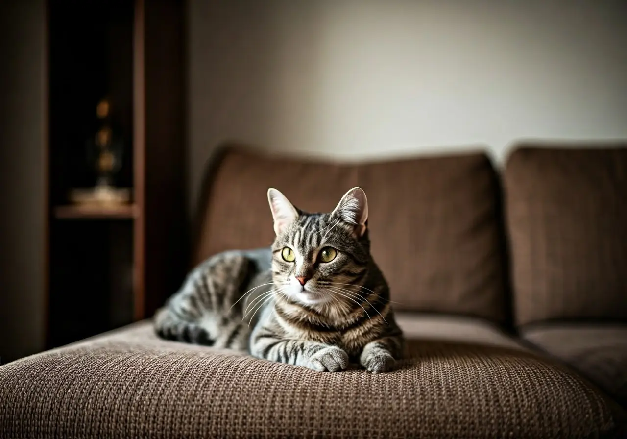 A calm cat lounging on a cozy living room sofa. 35mm stock photo