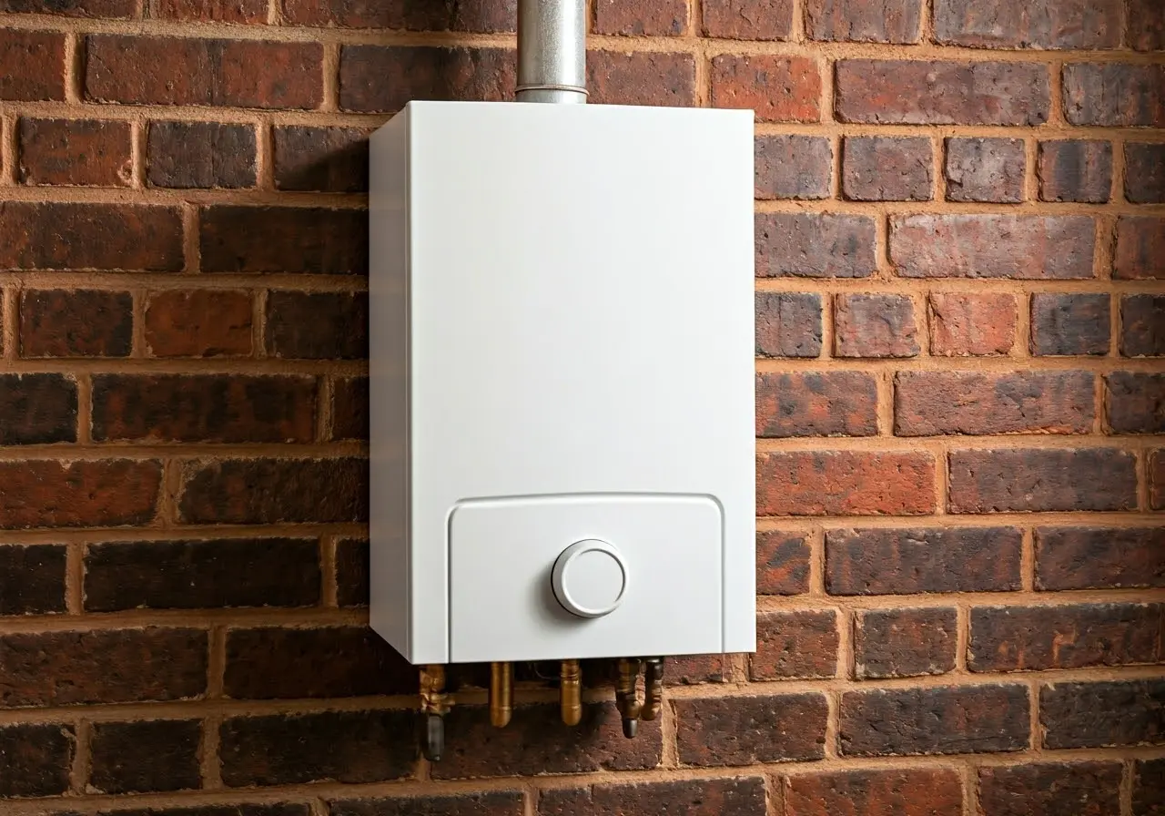 A modern gas boiler in a cozy Glasgow home setting. 35mm stock photo